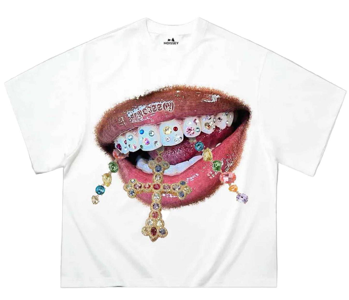 NOISSEY BOXY OVERSIZED T-SHIRT DIAMOND TEETH CROSS PRINT